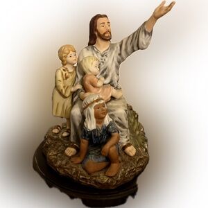Masterpiece by Homco Jesus With Children Wood Base Vintage Porcelain Religious
